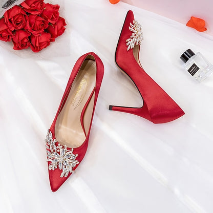 High Women's – Heels Rhinestone Satin Elegant Pink