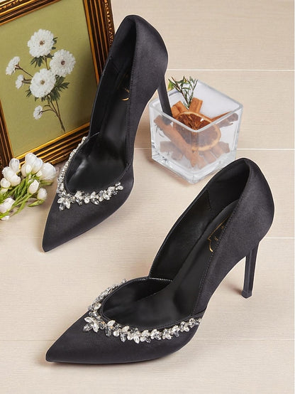 Embellishment Toe Heels Pointed with Satin Women's Crystal