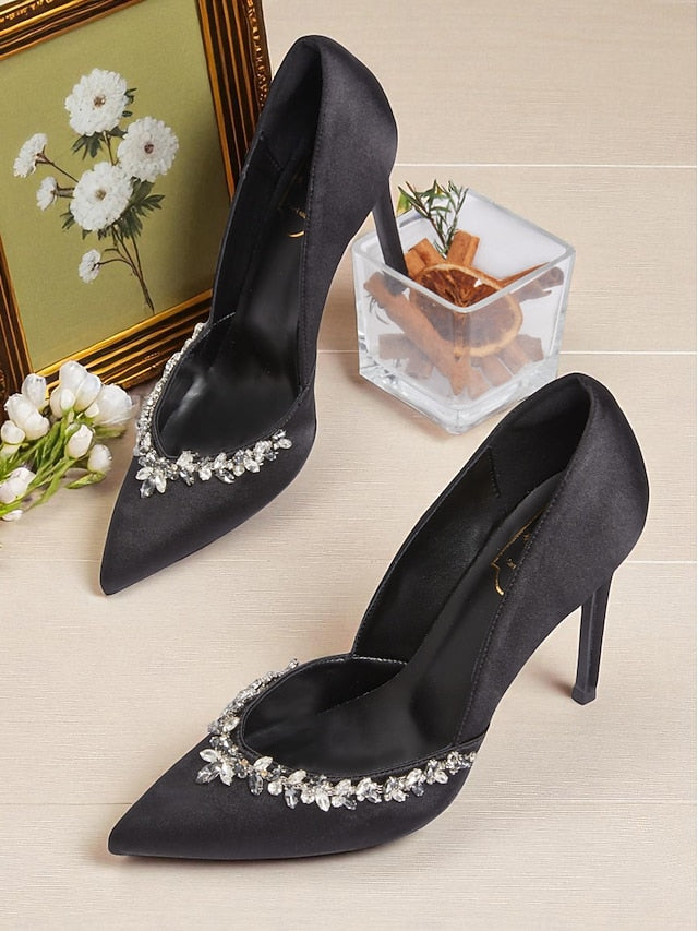 Pointed Crystal with Women's Satin Heels Embellishment Toe
