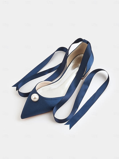 Embellished Satin Pointed Women's Navy - Pearl Flats Toe