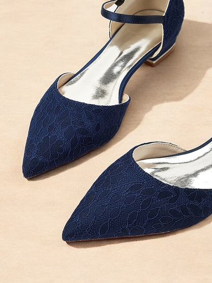 Blue with Pointed Strap Women's Ankle Flats Lace and Navy