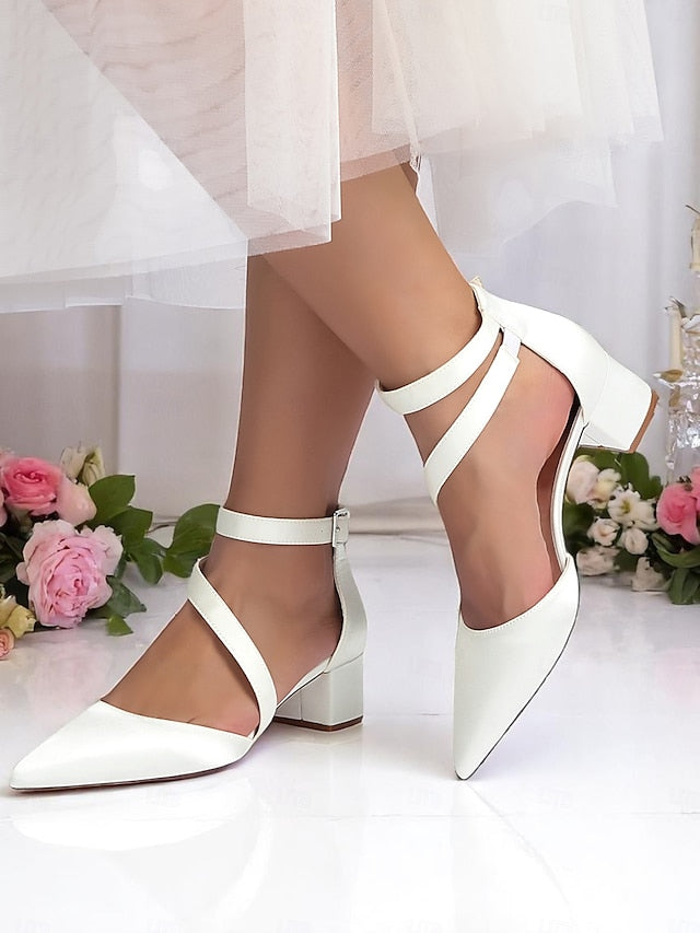 - Champagne Satin Pointed Toe Block Women's Heels