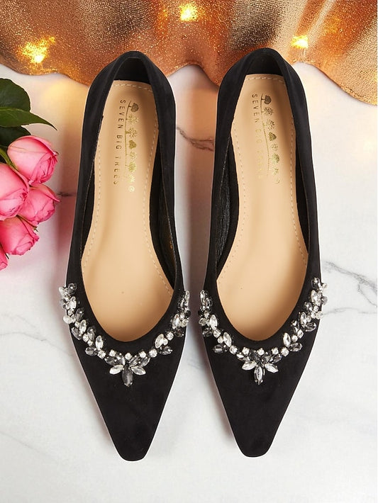 Black Toe Flats Rhinestone Women's Pointed Suede with