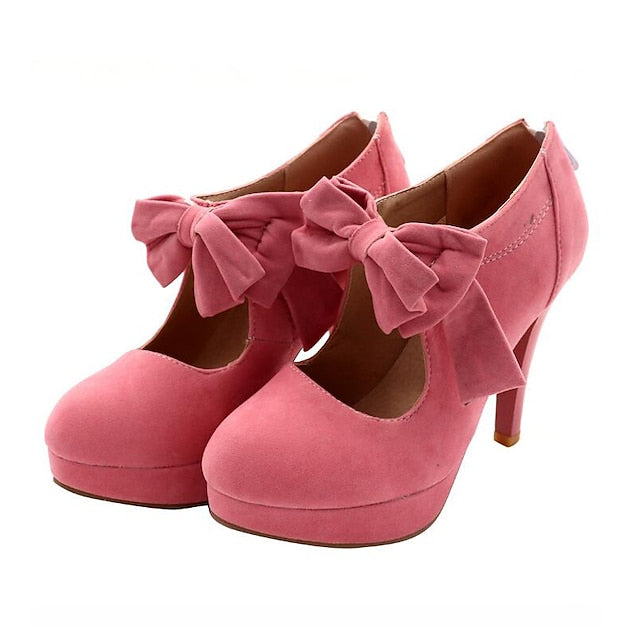 Red Women's Bow Suede – Vintage Platform Heel High Pumps