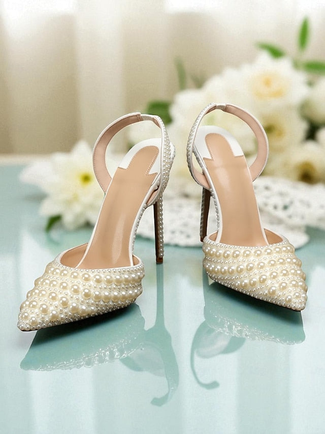 Women's Heels White Pearl-Embellished Leather Slingback -