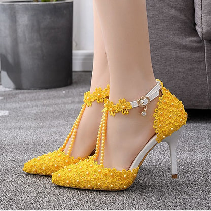 Lace Wedding Shoes Heel High Bridal Pointed Women's
