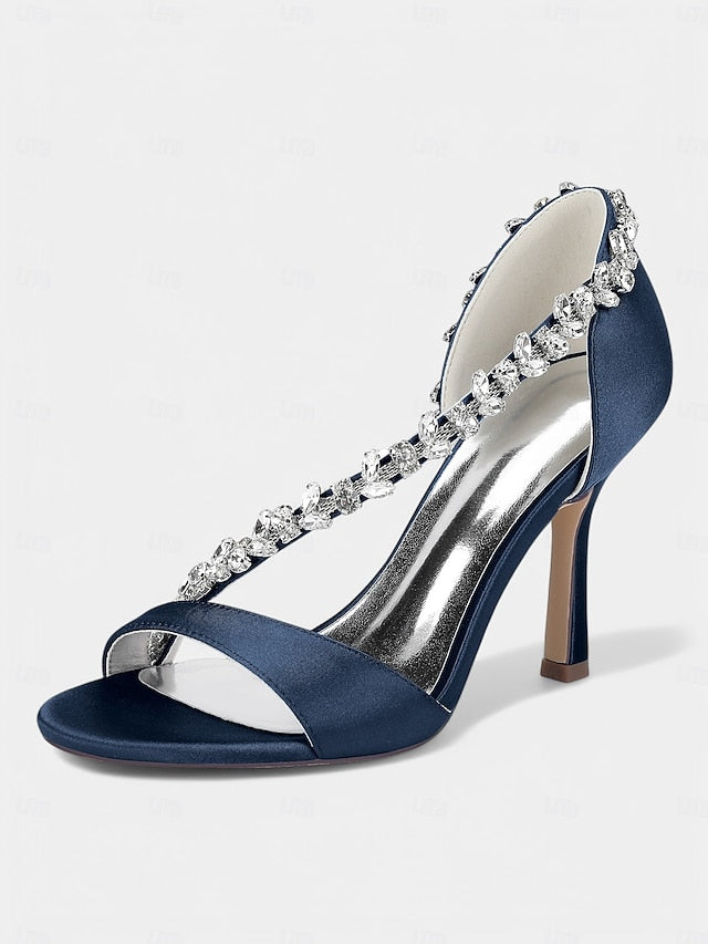 Champagne Satin – Women's with High Heels Crystal T-Strap