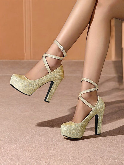 – Heels Platform with Strap Glitter Ankle Pink Women's