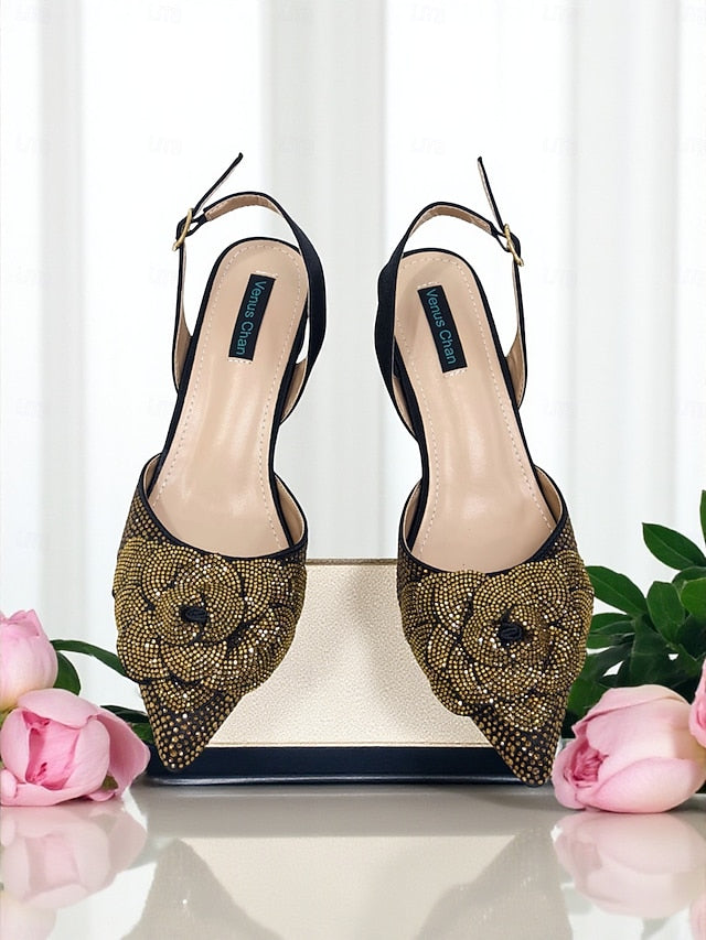 Slingback Women's Gold Matching Pumps with Rhinestone