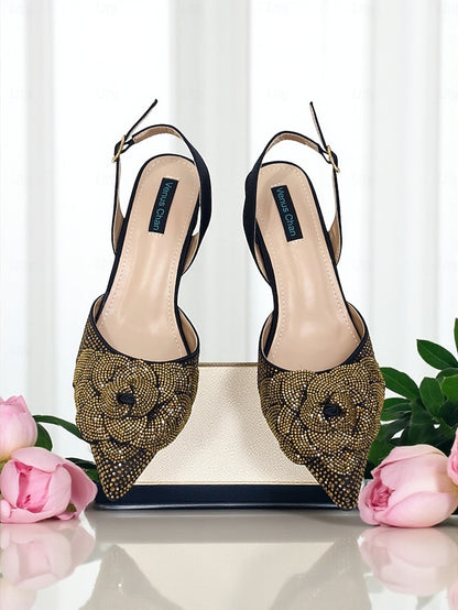 Slingback Women's Gold Matching Pumps with Rhinestone