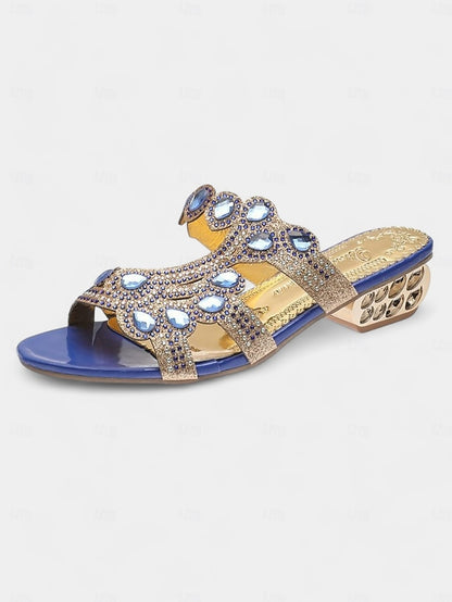 Blue Crystal Open-Toe – and Gold Sandals with Embellishments