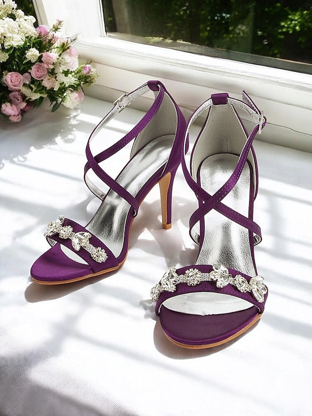 Heels Purple Satin Straps with Stiletto Rhinestone Women's
