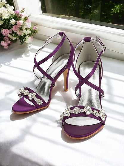 Heels Purple Satin Straps with Stiletto Rhinestone Women's