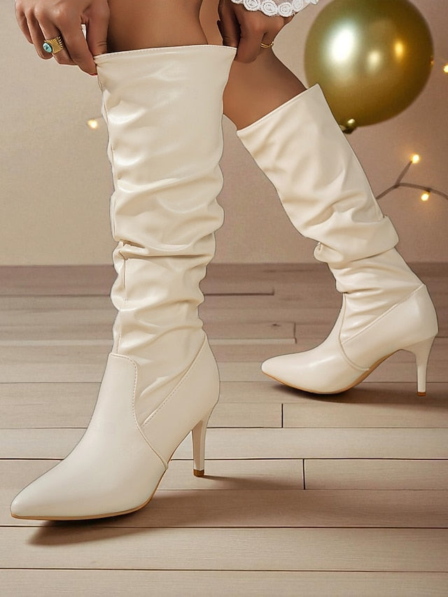 High Pointed - Leather Women's Toe Brown Knee Boots Faux