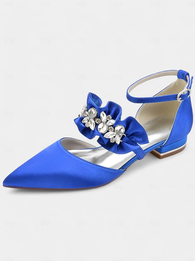 with Pointed-Toe Black Satin Women's Rhinestone Flats