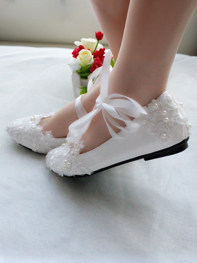 Flats Shoes Elegant Bridal with Lace - White Ties Ribbon Wedding