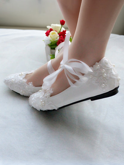 Flats Shoes Elegant Bridal with Lace - White Ties Ribbon Wedding