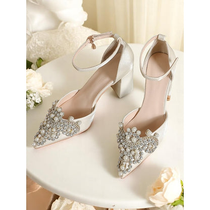 and Wedding Heel Embellished Pearl Block Rhinestone Women's