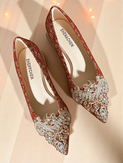 Women's Red Flats Pointed-Toe Rhinestone Embellished