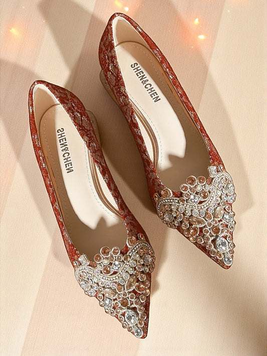 Women's Red Flats Pointed-Toe Rhinestone Embellished