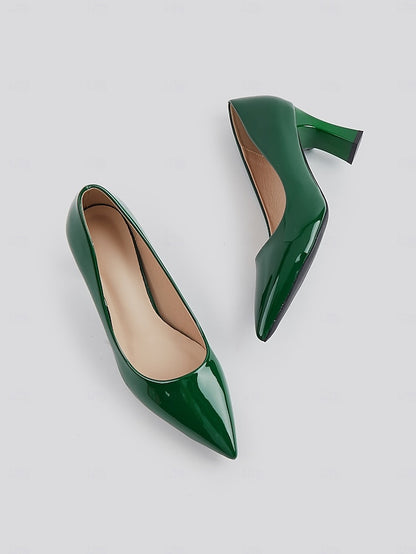 Leather Block Heel Glossy Pointed-Toe Pumps Green Patent Faux