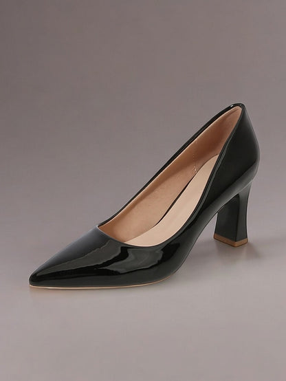 Leather Block Heel Glossy Pointed-Toe Pumps Green Patent Faux