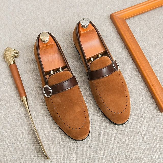 Slip-On Strap Brown Faux Loafers with Suede Buckle Men's