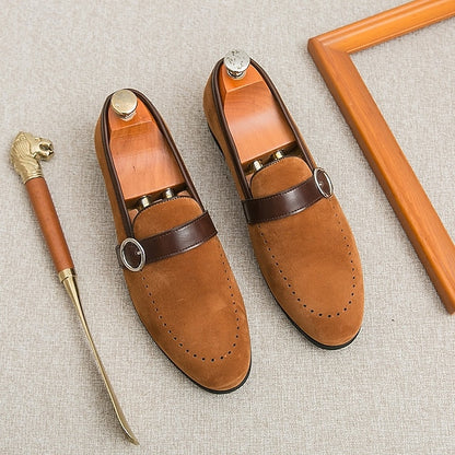 Slip-On Strap Brown Faux Loafers with Suede Buckle Men's