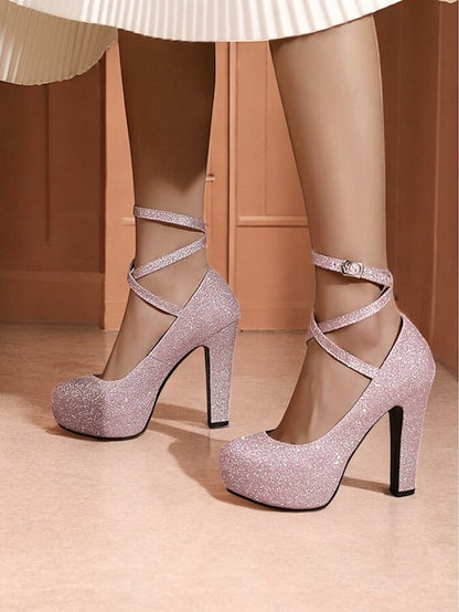 – Heels Platform with Strap Glitter Ankle Pink Women's