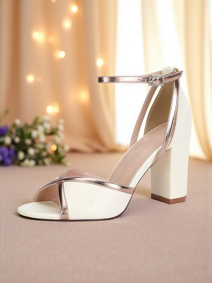 Metallic Block White Strap Ankle Sandals Heel with Women's