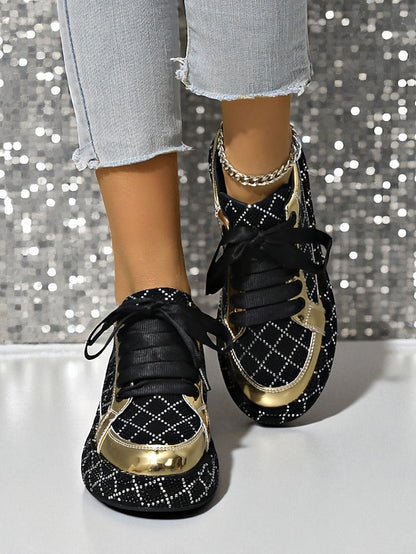 Quilted Women's Sneakers - Black Rhinestone Silver and
