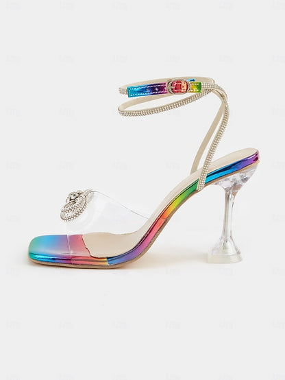 Clear Heel Crystal Bow Detail Rainbow Colorful Heels High with -