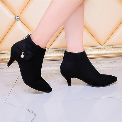 and Suede Boots Pink Pearl Charm Ankle with Women's Bow