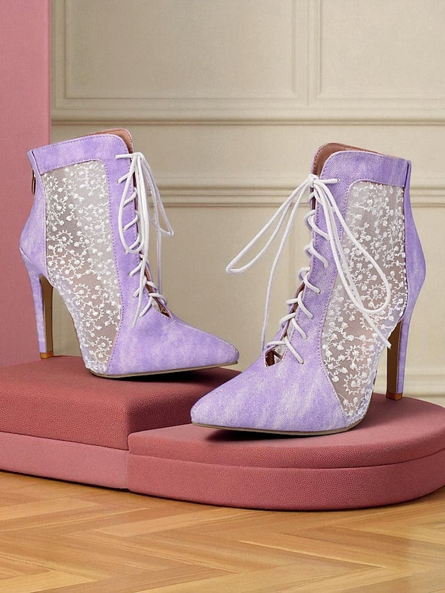 Ankle Mesh Heels Lace Booties Women's Stiletto White with