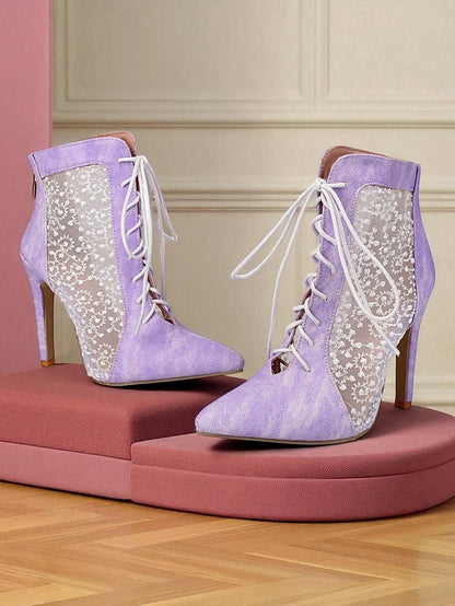 Ankle Mesh Heels Lace Booties Women's Stiletto White with