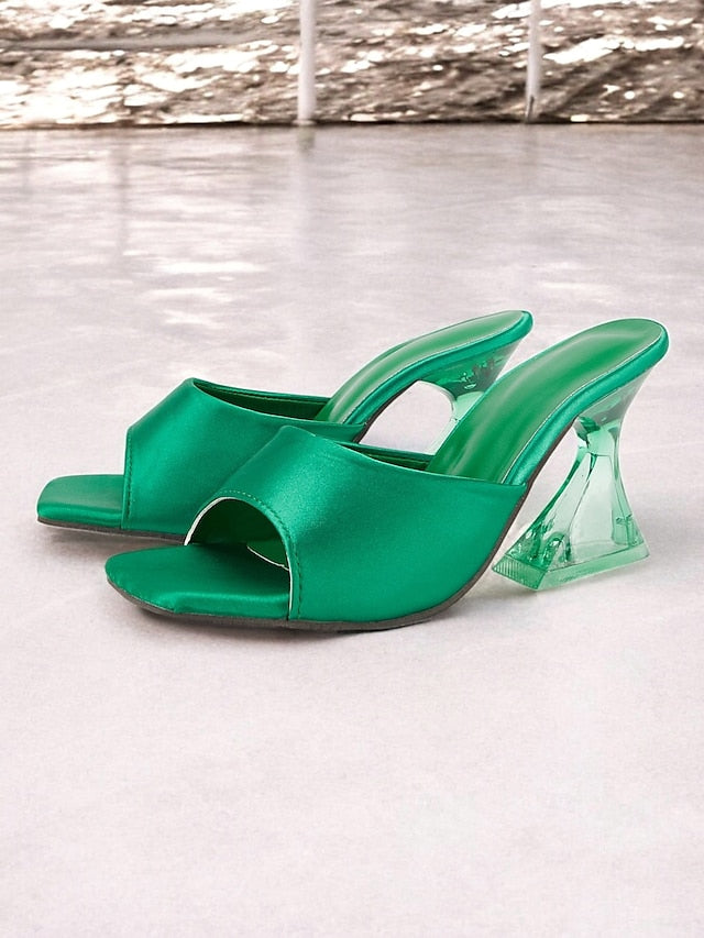 Transparent Block Mules Heels Open-Toe for Green with Satin