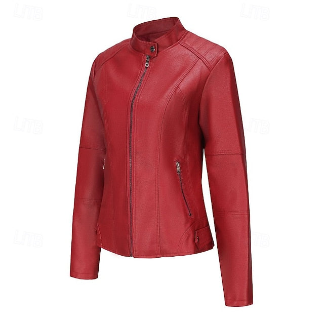 Zipper Jacket Pocket Faux Leather Women's Comfortable