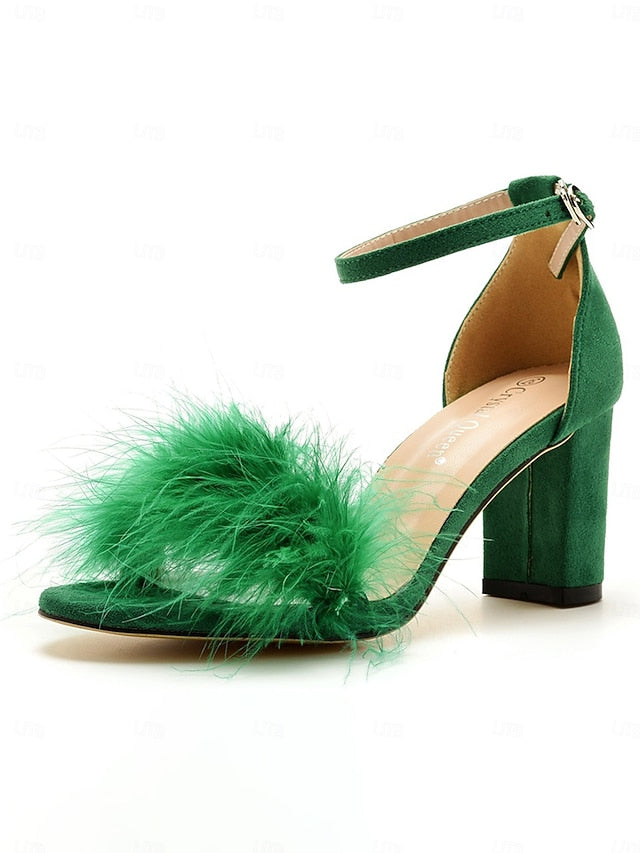 Sandals Women Feather-Embellished Block Heel – Wedding for