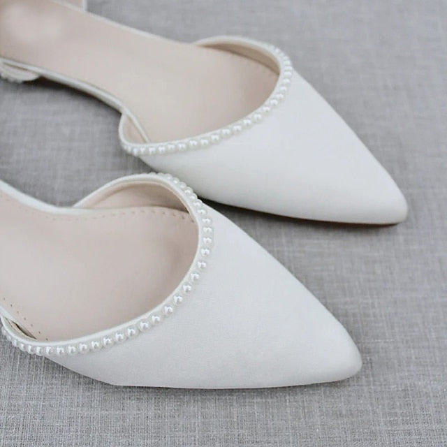 Flat White Women's with Pearl-Embellished Toe Pointed Shoes