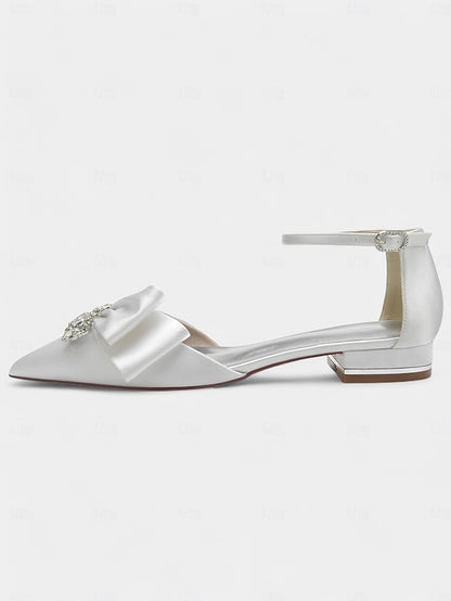 Pointed-Toe White Rhinestone Bow Heels with Ankle Satin and