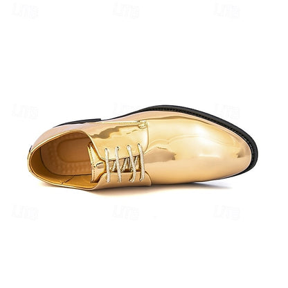 for – Patent Gold Shiny Shoes Leather Men Sleek Lace-Up