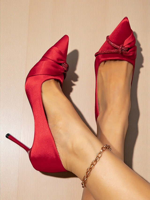 with Women's Red Satin Heels Stiletto Pointed Toe