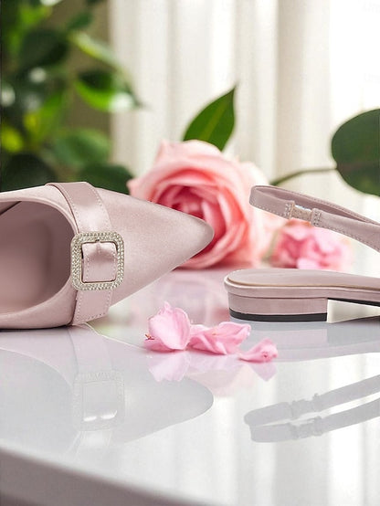 Satin Slingback with Women's Rhinestone Pink Flats Buckle