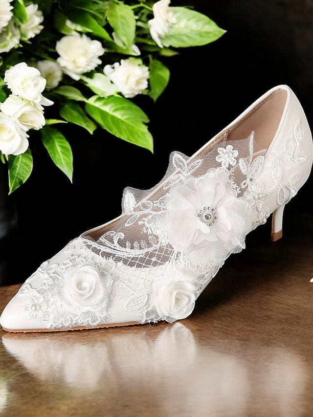 White Wedding Shoes Floral with Embellishments Lace