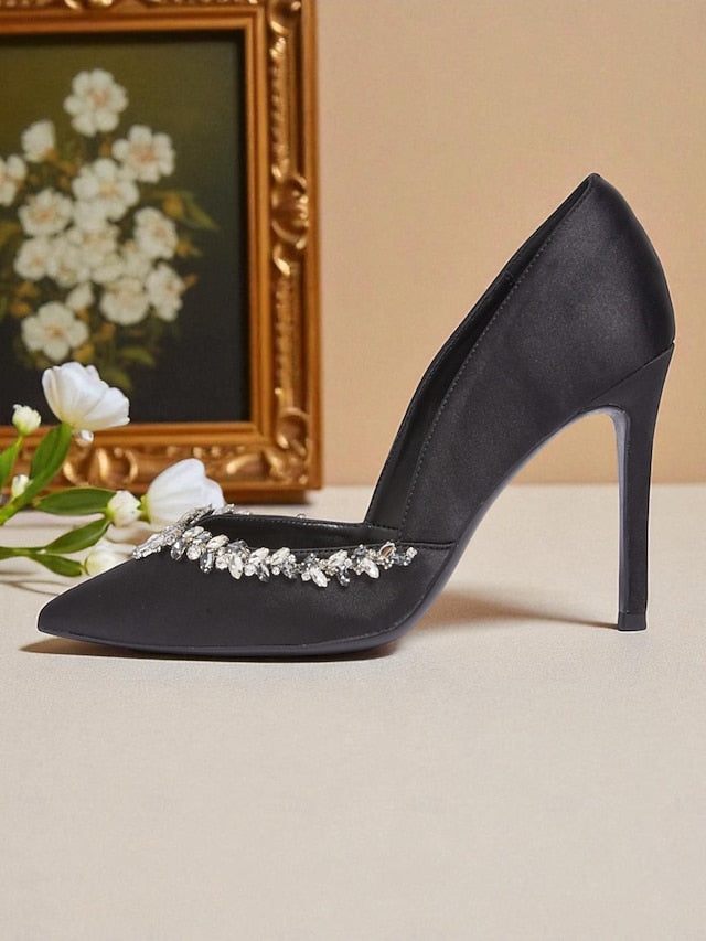 Heels Satin Embellishment Crystal Toe Women's Pointed with