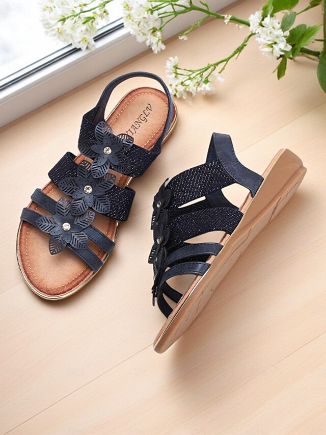 Elegant Rhinestone Flat Floral – Sandals Women's Beige