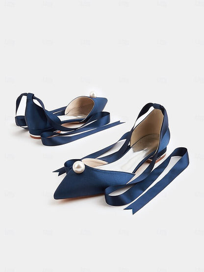 Embellished Satin Pointed Women's Navy - Pearl Flats Toe