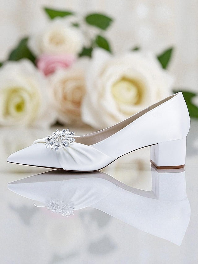 White Low Block Crystal Heel with Pumps Women's