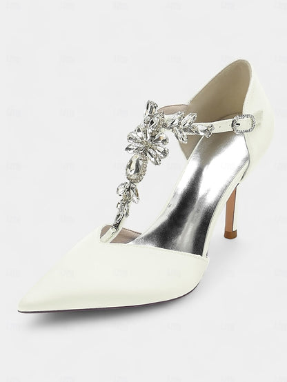 T-Strap Toe – Heels Pointed Women's Satin Blue Navy