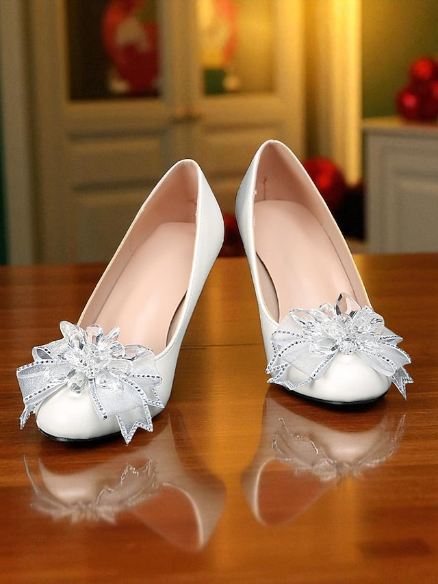 White with Heel Bow Low Wedding Shoes Women's Crystal